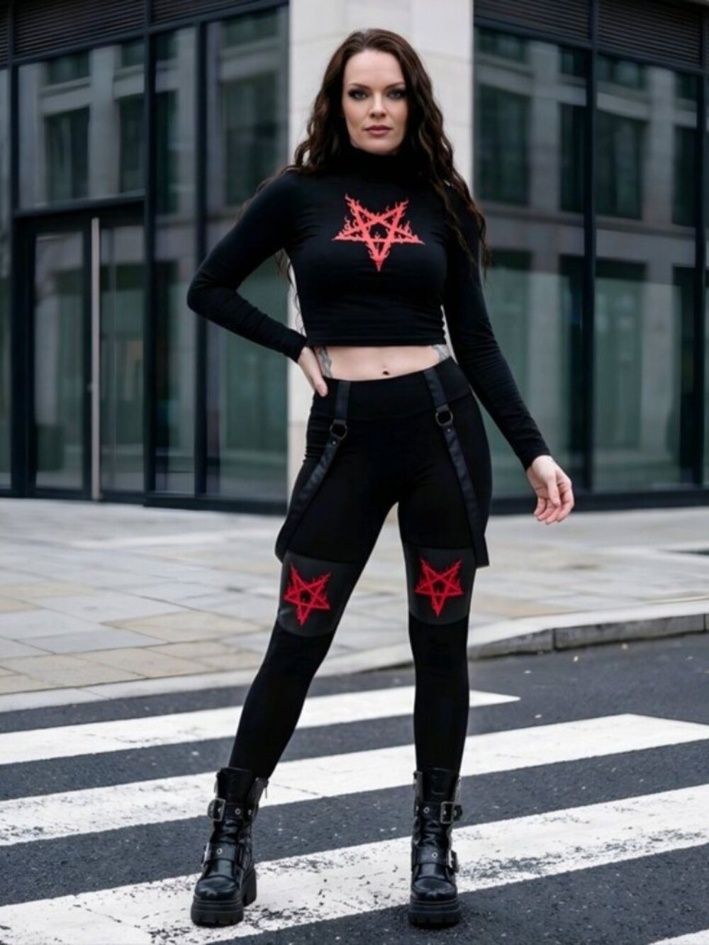 Killstar ✦ Bloodpact Leggings ✦ Black Red Pentagram Graphic Soft-Stretch Bondage
